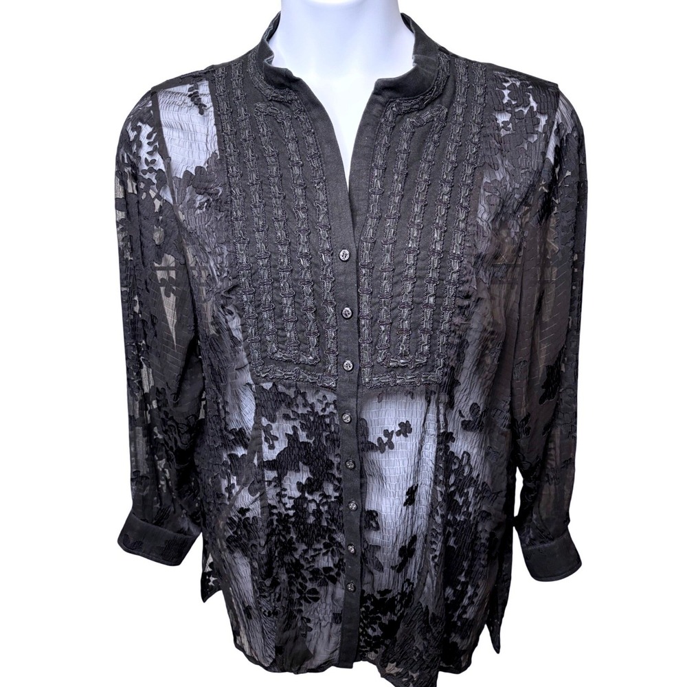 COLDWATER CREEK Womens Black Floral Burnout Embroidered Sheer Blouse XL Petite